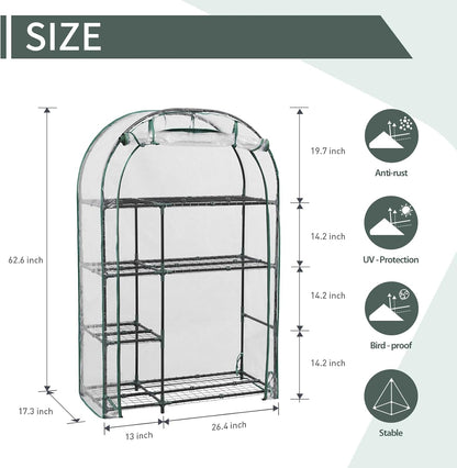 4-Tier Mini Greenhouse, 40 x 18 x 63 inch Steel Frame and PE Cover Plastic Plant Rack Stand Green House with Plant Repotting Mat for Indoor & Outdoor Use (Clear)