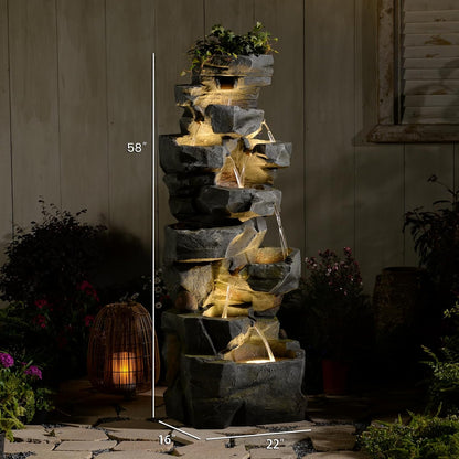 58“H Outdoor Garden Water Fountain 6 Tiers Large Cascading Rock Natural Waterfall Outdoor Fountain with LED Lights for Patio Porch Backyard Home Art Decor