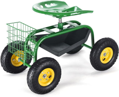 Giantex Rolling Garden Work Seat, 360 Swivel Gardening Workseat with Wheels, Tool Basket, Adjustable Height, Outdoor Scooter for Sitting, Gardening Stool Chair for Planting Trimming, Green