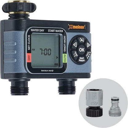 Melnor 65166AMZ HydroLogic Digital Hose Timer, 2-Zone Programmable Watering Timer, Quick Connect Bundle, Black, Grey
