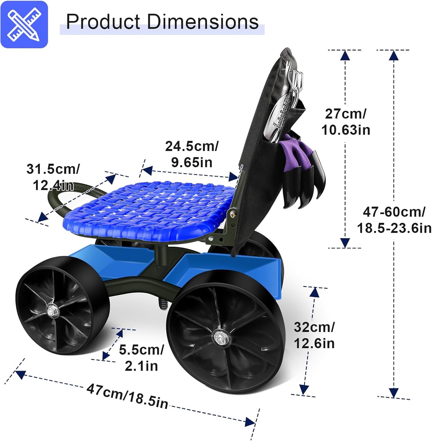 i Cover Garden Cart Rolling Stool with Four Wheels and Tool Bag, Stable Workseat Sturdy Carts Adjustable Seat Height and Direction, Gardening Helper, Dark Green