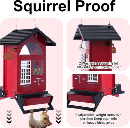 Squirrel Proof Bird Feeders All Metal Bird Seed House Feeder for Outdoors Hanging Weight Activated 5 LB Large Capactiy Easy to Fill & Clean for Outsides Wild Birds Durable & Attract, Red