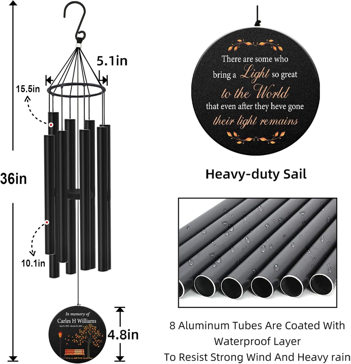 Personalized 36" Memorial Wind Chimes for Outside, Sympathy and Bereavement Gift for Loss of Loved One, A Thoughtful Remembrance of Mother, Father or Husband for Garden and Patio