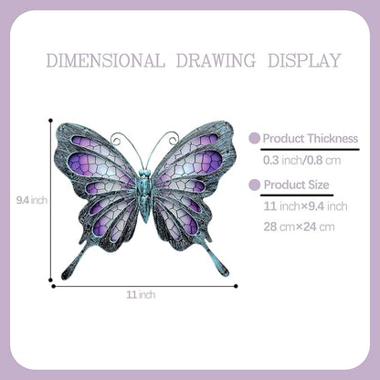 POXOHO Metal Butterfly Wall Decor - Purple Mosaic Glass Art Sculpture with Metal Frame, 11 Inch Hanging Garden Ornaments for Outdoor Fence, Patio Yard, Indoor Bedroom & Living Room Home Decoration