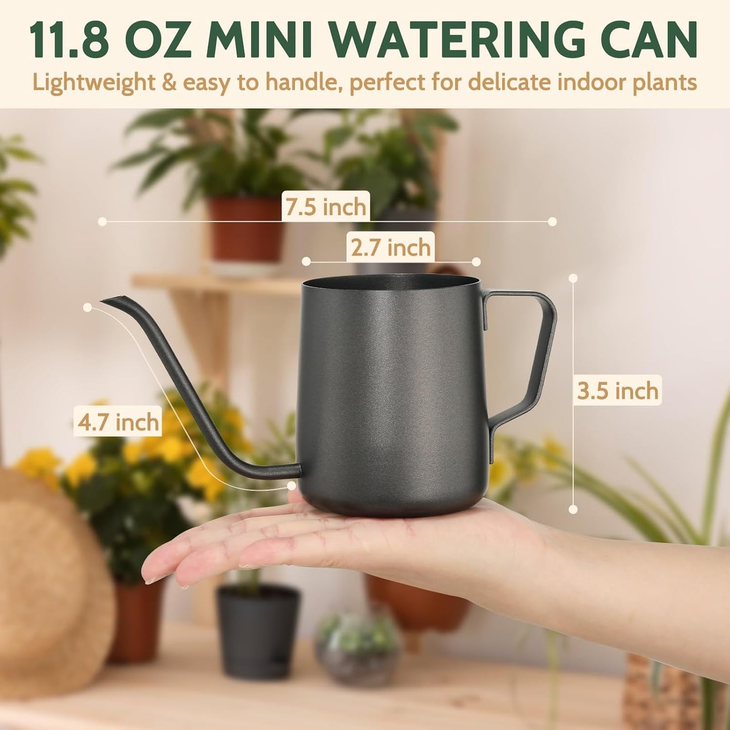 Small Watering Can Indoor Plants - 12 oz Mini Metal Watering Can with Long Spout Rust-Proof Stainless Steel Tiny Watering Pot for Small Indoor Plants Home & Office Black