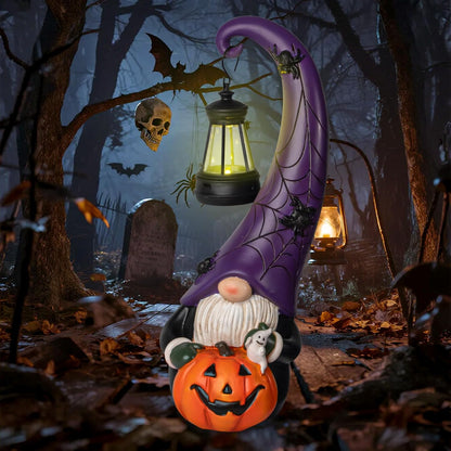 Halloween Decorations Garden Gnomes Statue Holding Pumpkins Decor Funny Gnome Figurines with Solar Light Halloween Party Decorations for Garden Porch Yard Lawn
