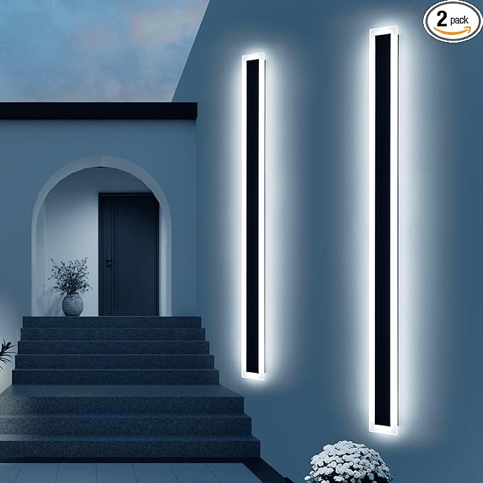 Upgrade Widened 2 Pack Modern Outdoor Wall Light, 71inch Minimalist LED Wall Sconce, 3 Color 3000K/4500K/6000K, 60W, IP65 Waterproof, Black Long Exterior Lighting Fixture for Patio, Garden, Garage