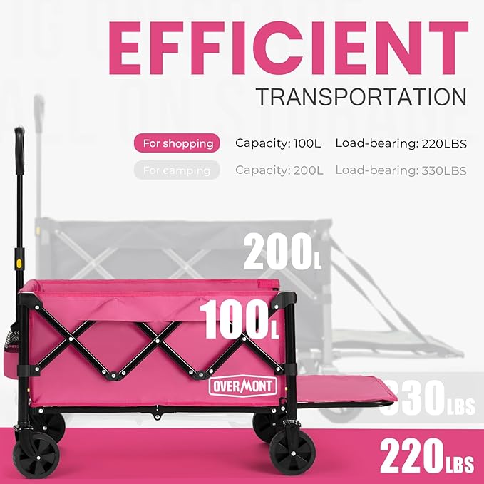 OVERMONT Collapsible Wagon with Tailgate - 220lbs Extended Lightweight Foldable Utility Wagons Folding Cart with Wheels - Small Garden Grocery Cart for Shopping,Grocery,Sports,Garden