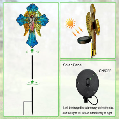 Solar Cross Garden Stake Lights for Outdoor Garden,Cemetery,and Yard Decor,Angel Wings Cross Solar Christmas Lights Outdoor,Memorial Gifts Angel