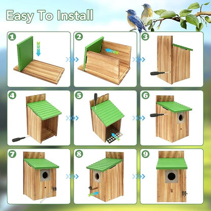 2 Pack Bird Houses for Outside - Cedar Bluebird Houses with Metal Predator Guard, Birdhouse for Wren Bluebirds Finches Swallows, Carbonized Wooden
