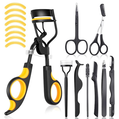 Bencailor 17 Pcs Eyelash Curlers Kit Lash Curler Eyelash Comb Seperator Extension Tweezers Eyebrow Brush Scissors False Eyelashes Applicator Eyebrow Trimmer Silicone Refills Pads for Women (Orange)