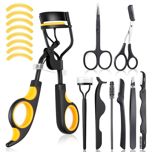 Bencailor 17 Pcs Eyelash Curlers Kit Lash Curler Eyelash Comb Seperator Extension Tweezers Eyebrow Brush Scissors False Eyelashes Applicator Eyebrow Trimmer Silicone Refills Pads for Women (Orange)
