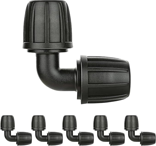 Bonviee 6 Pack 1/2” Drip Irrigation Elbow Connectors, 90° Barbed Lock Fittings for 1/2 Inch Tubing, Leak-Proof Corner Connector for Garden Hose Layout, Irrigation System Repair and Setup