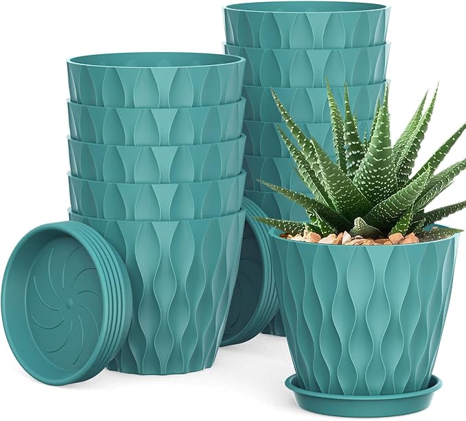 12 Pack 4 Inch Small Plant Pots with Saucers, Waffle Texture Plastic Planters with Drainage Holes for Indoor and Outdoor Plants, Flowers, Herbs, Succulents, and Seedlings, Blue