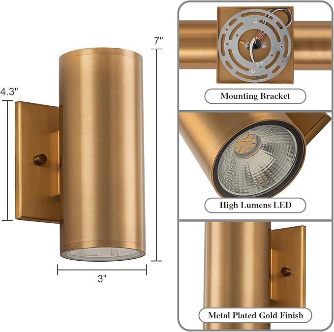 Modern Outdoor Wall Light 2 Packs Up and Down Lights, 7" Gold Exterior Light Fixture for House Porch Patio Garage