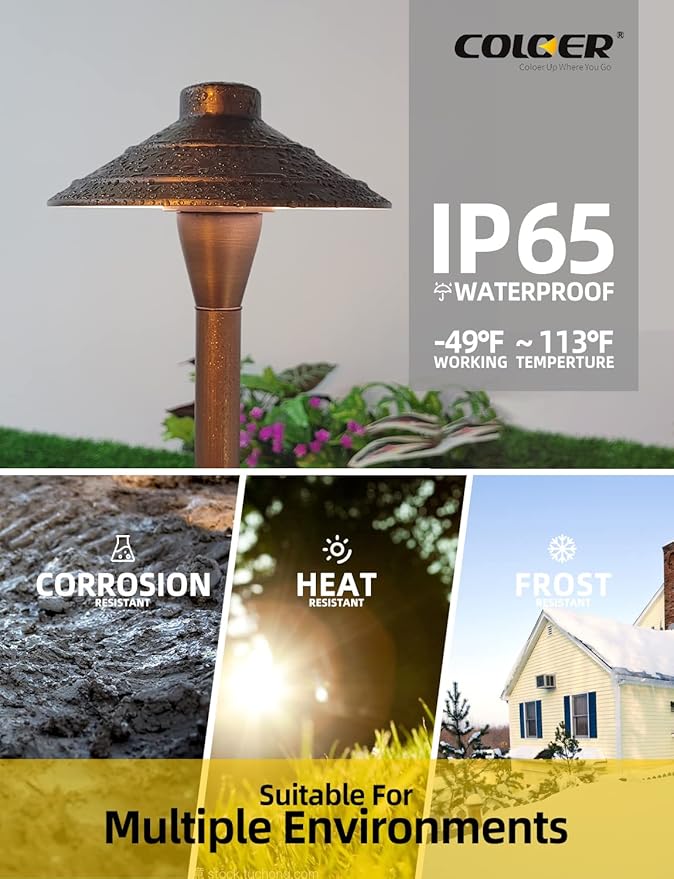 COLOER Brass Low Voltage Walkway Lights for Outside Bronze Finish 1-Pack with LED G4 Bulb,9-17V AC/DC 2W 2700K Warm White Outdoor Landscape Path Lights for Garden,Yard,Sidewalk or Driveway(601B)