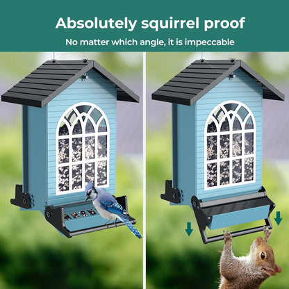 Squirrel Proof Bird Feeders for Outdoors Hanging, 5LBS Large Capacity, Metal Wild Seed Feeder with Bilateral Weight-Activated Perches, Anti Squirrel Birdfeeder for Outside Finch, Cardinal- Blue