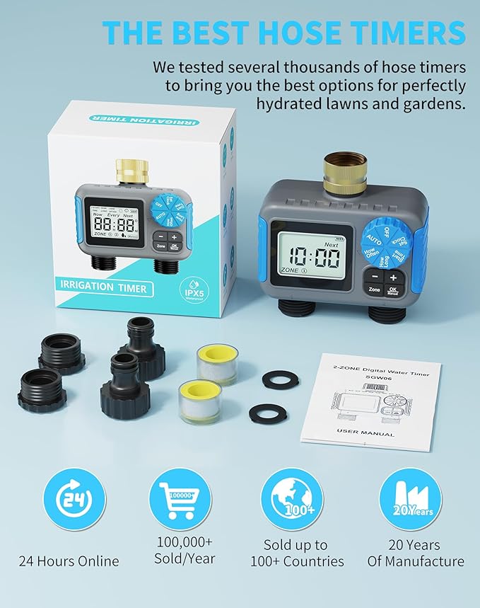 Sprinkler Timer, 2 Zone Programmable Hose Timers for Watering with Brass Swivel, Digital Irrigation Controller System with Rain Delay/Manual/Automatic Watering for Outdoor Garden Yard Lawn