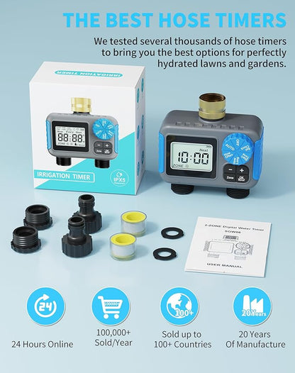 Sprinkler Timer, 2 Zone Programmable Hose Timers for Watering with Brass Swivel, Digital Irrigation Controller System with Rain Delay/Manual/Automatic Watering for Outdoor Garden Yard Lawn