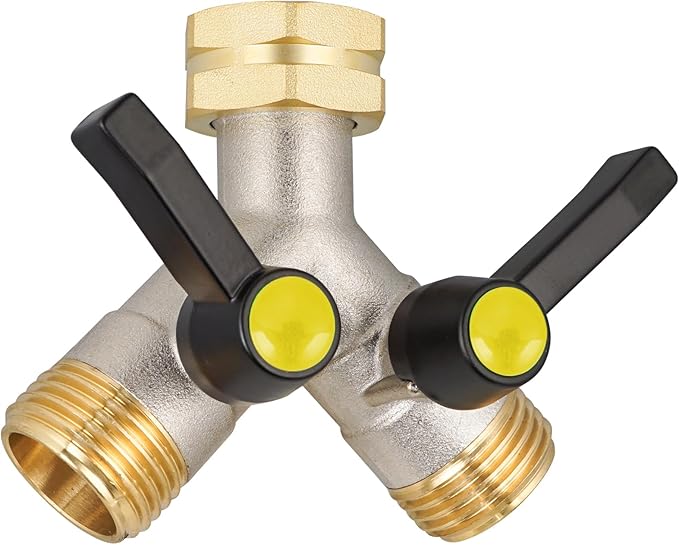 2 Way Hose Splitter, Brass High Flow Garden Hose Splitter Heavy Duty, Hose Connector, Water Spigot Splitter, Full Flow Faucet Splitter with shutoff, 3/4” GHT Inlet