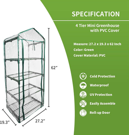 Mini Greenhouse for Indoor Outdoor, Small Plants Green House with 4 Tier Shelves, Portable Plastic Greenhouses with Transparent PVC Cover for Garden Backyard Patio Balcony Porch