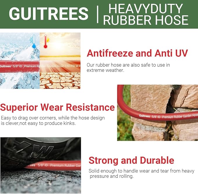 50FT 5/8 Heavy Duty Rubber Garden Hose - 200psi Working, 1000psi Burst - Hot/Cold Water - Five-Layered Braiding for Durability - Versatile for Gardening, Agriculture, Construction(Red)