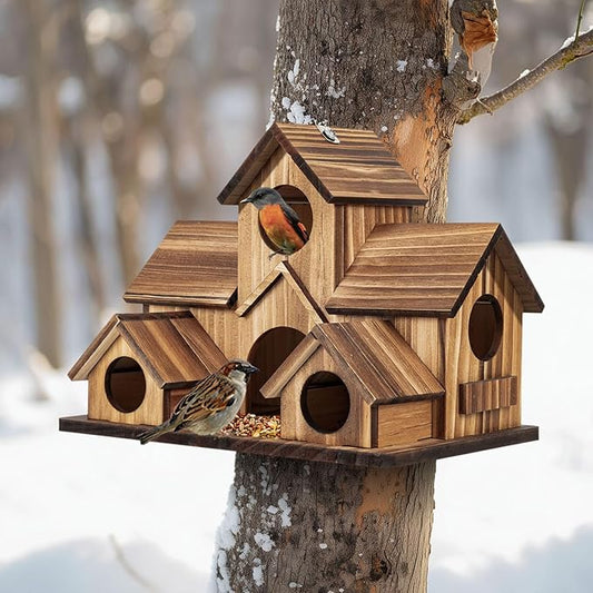 Bird Houses for Outside, Outdoor 5-Hole Birdhouse for Bluebirds, Finches, Cardinals and Yellow Finches, Wooden Hanging Birds House Wild Bird Nest Garden Decorative