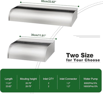 Pool Fountain Waterfall Spillway with Wider Water Flow Platform, Stainless Steel Waterfall with Pipe Connector Kits, Water Feature Spillway for Garden Decor, Patio, Ponds, 11.8"x11.8"x3.9