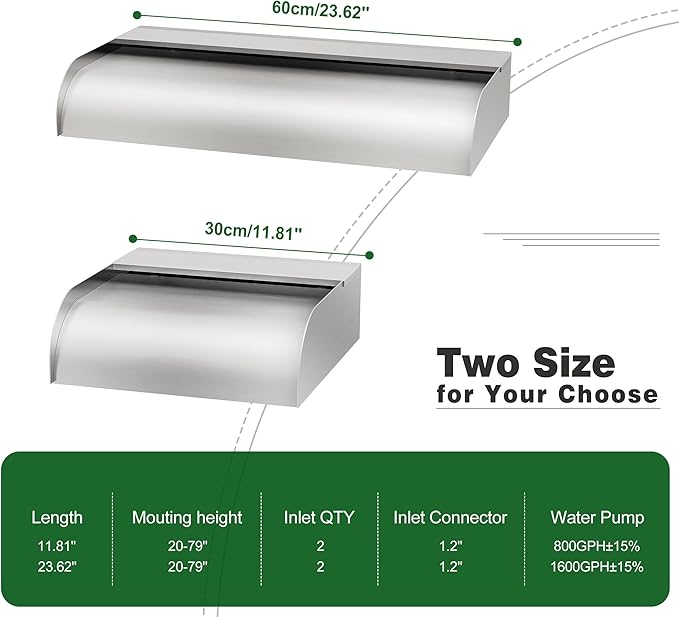 Pool Fountain Waterfall Spillway with Wider Water Flow Platform, Stainless Steel Waterfall with Pipe Connector Kits, Water Feature Spillway for Garden Decor, Patio, Ponds, 23."x11.8"x3.9"