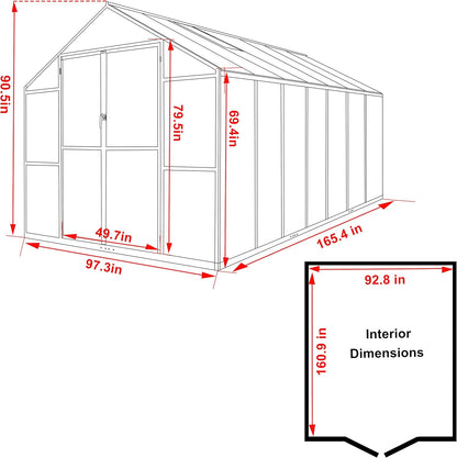 BlueWish 8x14FT Greenhouse for Outdoors, Aluminum Greenhouses with Adjustable Vents,Lockable Door, Heavy Duty Greenhouse Kit with Polycarbonate, Walk-in Green House for Garden, Gray