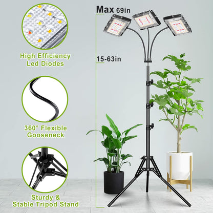 LORDEM Plant Grow Light with Stand, Full Spectrum LED Growing Lamp, Tri-Head with 3H/6H/12H Timer, 6 Dimmable Levels, 3 Lighting Modes, 15"-63" Adjustable Tripod