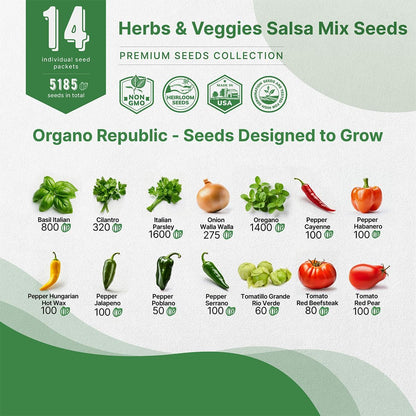 Organo Republic 14 Herbs & Veggies Salsa Mix Seeds Variety Pack - 5,180+ Non GMO Heirloom Herb, Tomato & Chili Pepper Seeds for Planting Outdoor & Indoor Home Gardening: Basil, Cilantro Onion, Peppers
