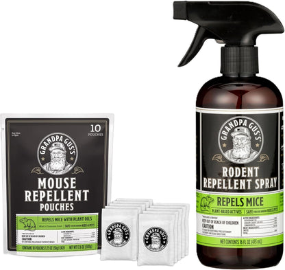 Grandpa Gus's Natural Mouse Repellent Pouches (10 Pack) Bundled with Rodent Repellent Spray (16 fl oz), Peppermint & Cinnamon Oils, Repel Mice/Rats from Home, Shop, Cabin, Shed, RV, Car & Boat Storage