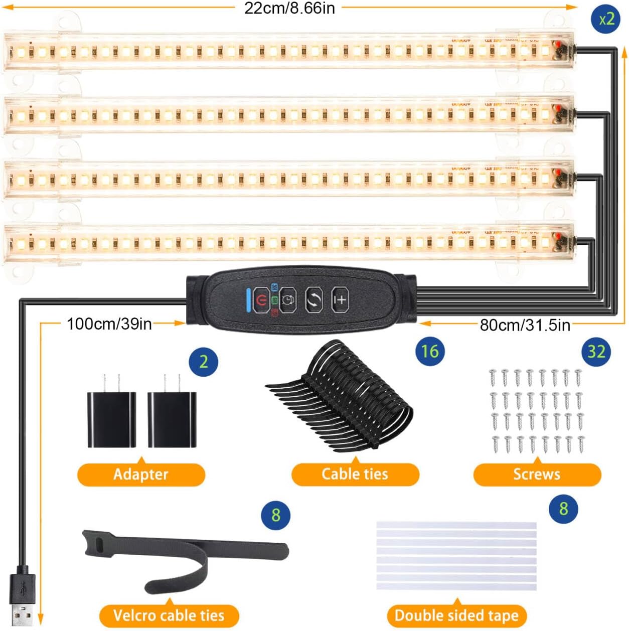 8.6'' LED Plant Growing Light Strips, Full Spectrum 3500K Grow Light for Indoor Plants with 3/9/12H Timer, 10 Dimmable Levels for Seedling Succulent and Plant Shelf, 4 Head 2 Pack