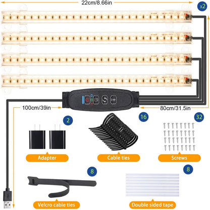 8.6'' LED Plant Growing Light Strips, Full Spectrum 3500K Grow Light for Indoor Plants with 3/9/12H Timer, 10 Dimmable Levels for Seedling Succulent and Plant Shelf, 4 Head 2 Pack