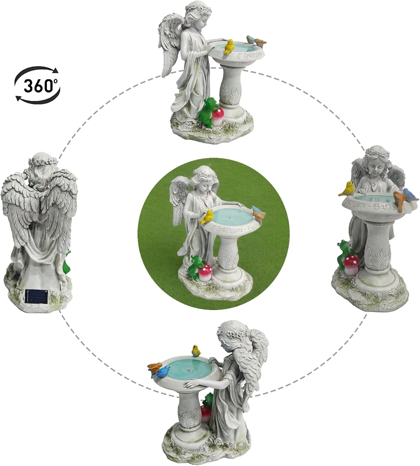 Solar Angel Garden Sculpture with Color - Changing Lights,Resin Garden Outdoor Decorations Figurine with Birds,Frog & Mushroom for Home,Yard,Patio,Balcony,Lawn - Unique Housewarming Gifts