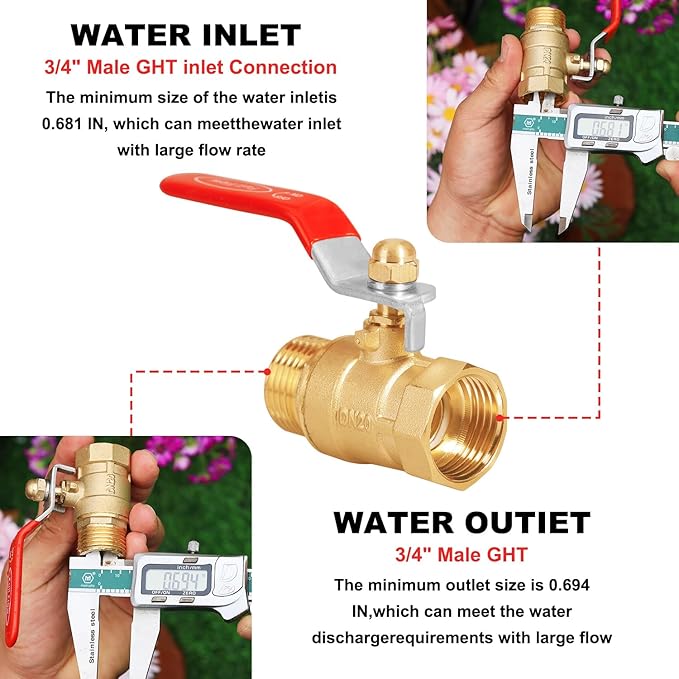 Garden Hose Brass Shut Off Valve Full Flow, No Restricted-Flow Water Shut-Off Connector, 3/4" GHT x 3/4" GHT Garden Hose Full Port Ball Valve Adapter (Long Handle)