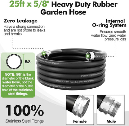 SPECILITE 5/8" Garden Hose 25 ft with High Flow Nozzle, Heavy Duty Flexible Hybrid Rubber Water Hose for Outdoor, Lightweight, Leak-Proof, No-Kink, 3/4"Stainless Steel Fittings,Black
