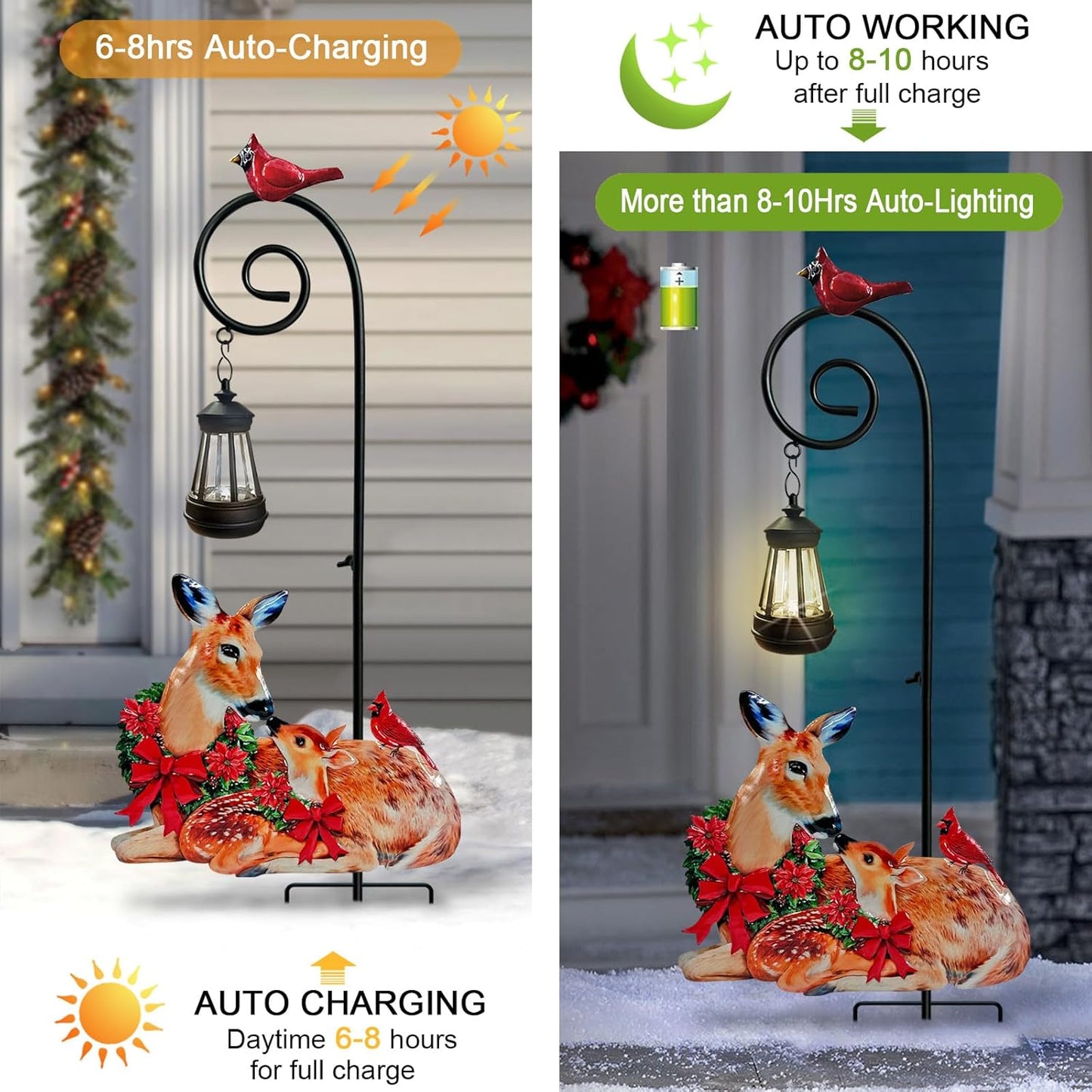 Deer Metal Garden Stake with Solar Lantern,Christmas Decorations Outdoor Waterproof Sloar Lights Outside,Doe and Fawn Outdoor Statue
