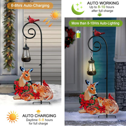 Deer Metal Garden Stake with Solar Lantern,Christmas Decorations Outdoor Waterproof Sloar Lights Outside,Doe and Fawn Outdoor Statue