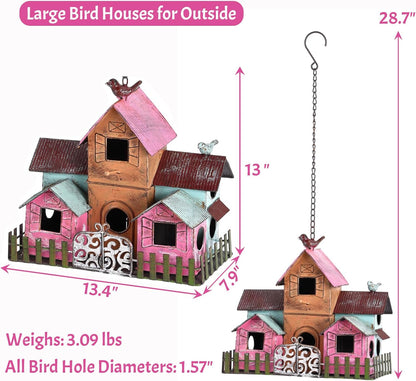 Large Bird Houses for Outside Hanging, Metal Bird Houses for Outside with 5 Compartments for Birds to Nest in, Durable Colorful Bird House 10 Hole Birdhouses for Outdoors Hanging