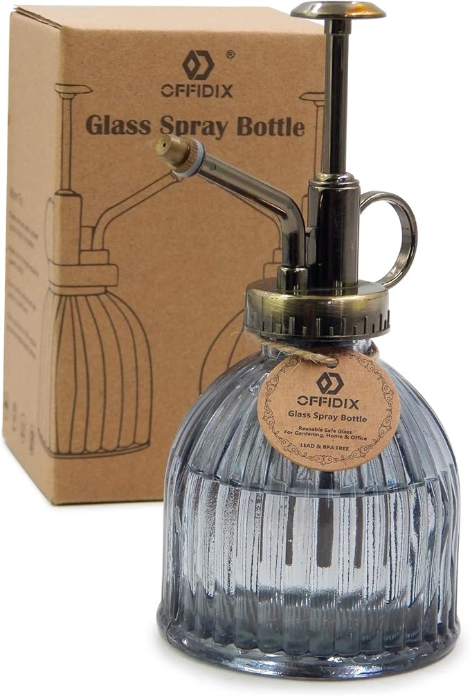 OFFIDIX Plant Mister plant water Spray Bottle, 6.3" Tall Vintage Style with Bronze Plastic Top Pump One Hand Glass Watering Can for Indoor Potted Plants Terrariums (Dark Gray)