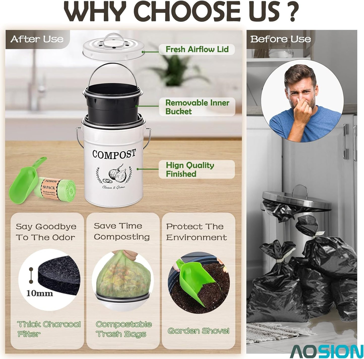 AOSION Countertop Compost Bin Kitchen,Odor Resistant Indoor Compost Bin with Lid and Compost Bags,Compost Bucket Composter Container for Food Waste,White