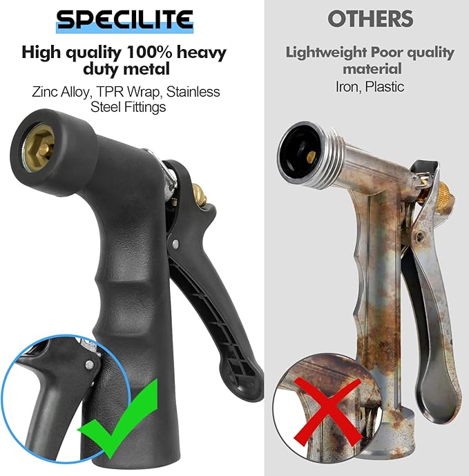 SPECILITE 5/8" Hot/Cold Garden Hose 25 ft with Industrial High Pressure Nozzle, Flexible & Lightweight, 600psi Burst Rubber Water hose -50℉-158℉ With 3/4"Stainless Steel Fittings for Yard, Black