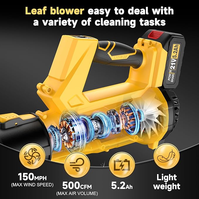 2025 New Leaf Blower, Leaf Blowers Cordless with Battery and Charger 21V 5.2Ah Battery × 2, Battery Life 50~130 Minutes, Wind Speed 150 MPH, 500 CFM blowers for Lawn Care & Garden