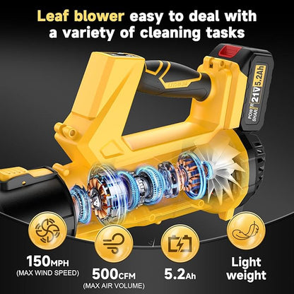 2025 New Leaf Blower, Leaf Blowers Cordless with Battery and Charger 21V 5.2Ah Battery × 2, Battery Life 50~130 Minutes, Wind Speed 150 MPH, 500 CFM blowers for Lawn Care & Garden