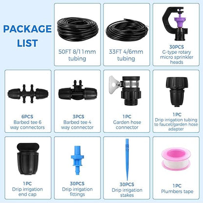 Drip Irrigation System Kit - Automatic Garden Watering System with G-Type 360° Rotating Micro Sprinkler Heads & 50FT 8/11mm & 33FT 4/6mm Irrigation Tubing for Garden, Lawn, Greenhouse, Yard, Plant