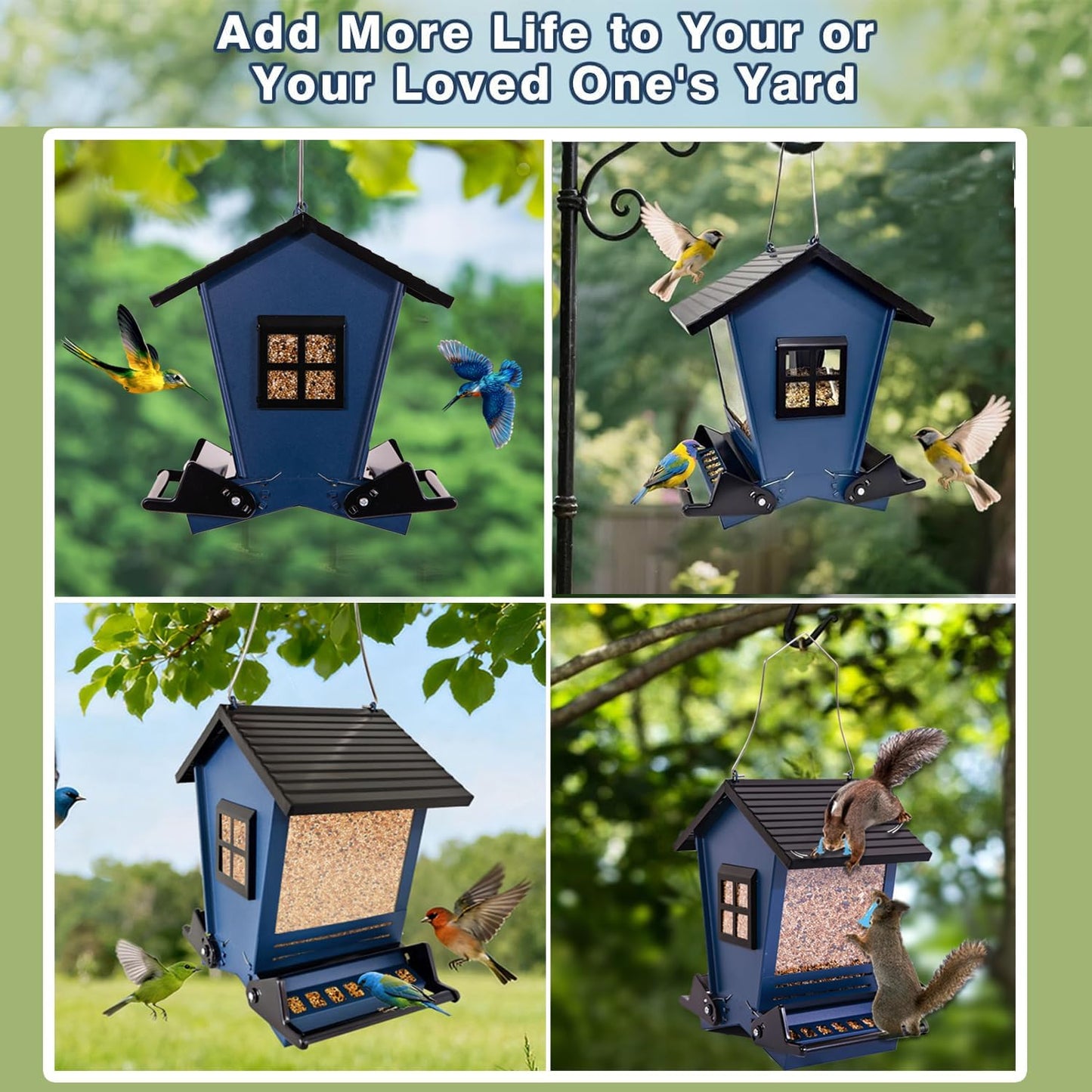 LSCQYYCC-Bird Feeder Squirrel Proof Metal Hanging for Outdoor Wild Bird Seed, with Bilateral Weight-Activated Perches, Large Feeder That Attracts Cardinals, Chickadees, and More Birds-One in Blue