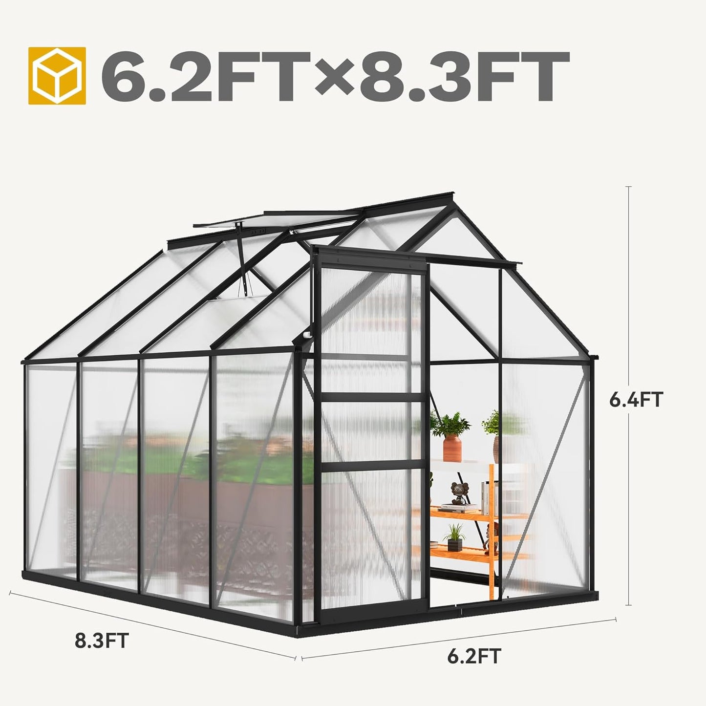 DWVO 6x8FT Polycarbonate Greenhouse Heavy Duty Green Houses Outdoor Aluminum Greenhouses with Sliding Doors Vent Window Walk-in Greenhouse Large Sun House for Garden Backyard, Matte Black