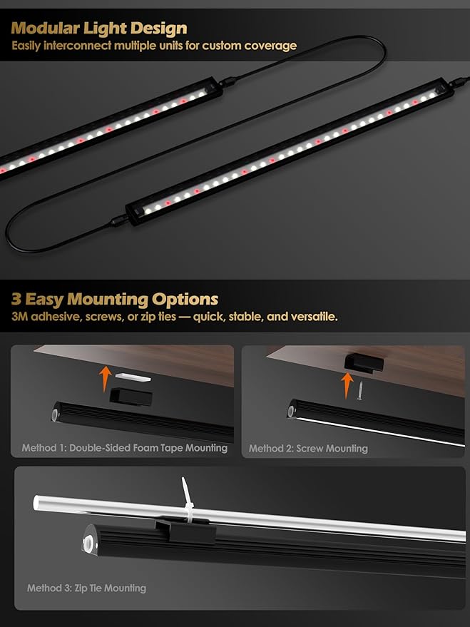 Smart Grow Light for Indoor Plants,3500K Full Spectrum LED Plant Light Strips with 3/9/12H Auto Timer,Stepless Dimming,Modular Design，Plug and Play (Black, 6 Pack 48W)